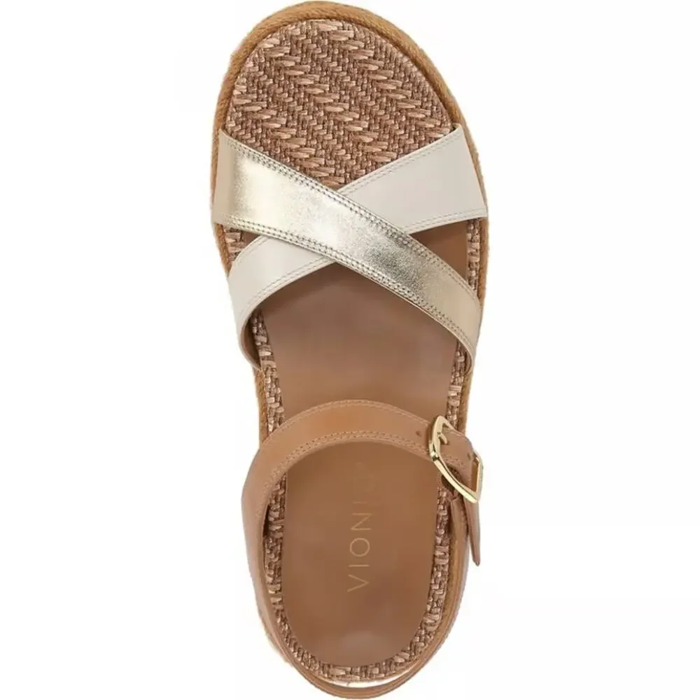 VIONIC Mar Wedge Sandal Camel Gold & Brown Leather NEW Women’s 8.5 Strappy Beach